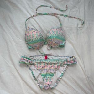 Victoria’s Secret pastel bikini size 34B push-up top and size small bottoms.